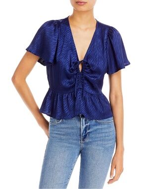 AQUA Dark Blue Zebra Print Tie V-Neck Top - Size L